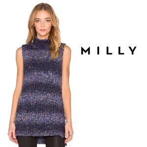 Milly Small Ombré Wool Sweater Tunic Top Blue Tweed Alpaca Sleeveless Mock Neck